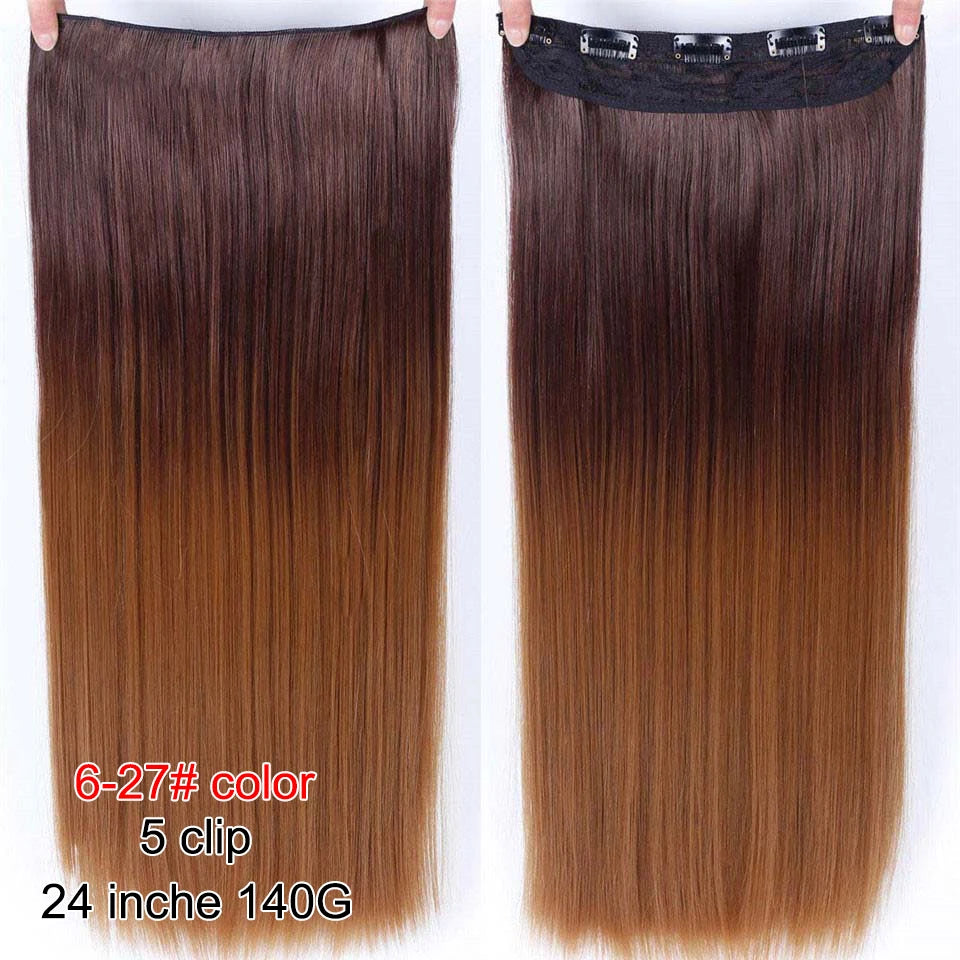 PAGEUP   5 clips on long straight hair extensions 24 Inch synthetic ombre black brown clip on fake hairpieces for women hair