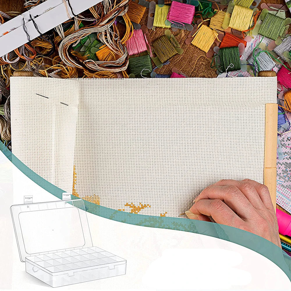 Embroidery Floss Organizer Box Set with 24 Girds Cross Stitch Organizer Box & Floss Bobbins & Floss Number Stickers DIY