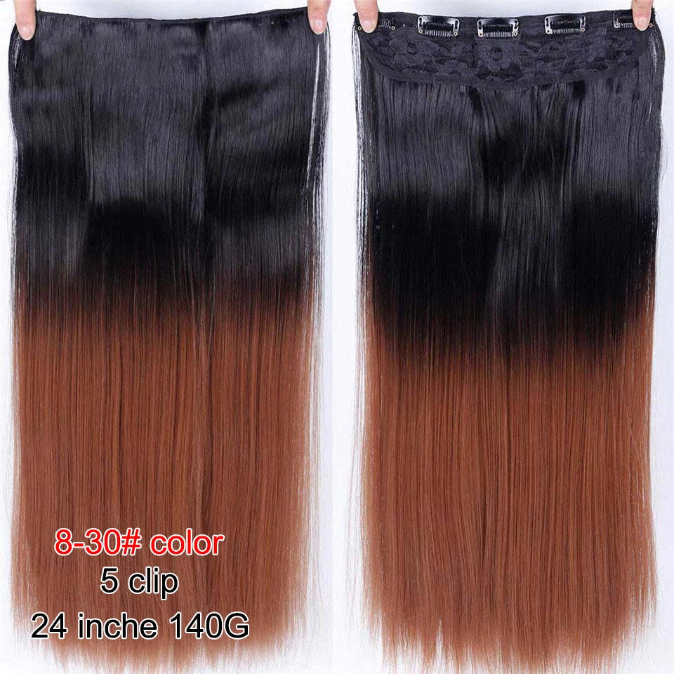 PAGEUP   5 clips on long straight hair extensions 24 Inch synthetic ombre black brown clip on fake hairpieces for women hair