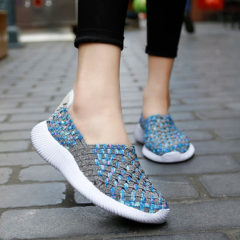 Casual Shoes Women Summer Woven Flats Sneakers Slip On Female Loafers Lightweight Breathable Boat Shoe Fashion Lady Tenis