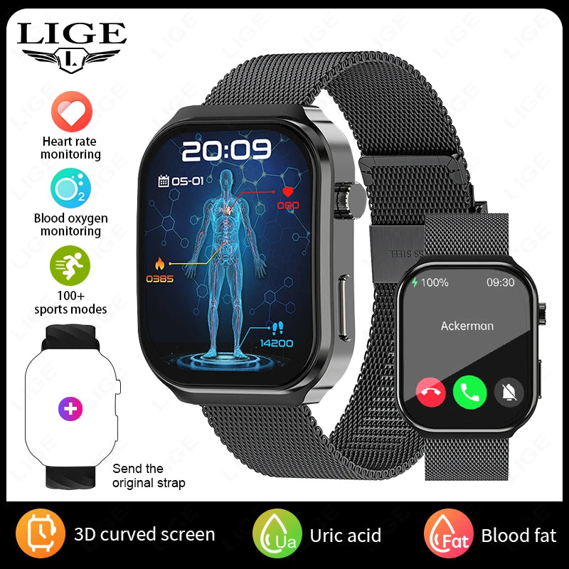 LIGE New AI Healthy Diagnose Smart Watch 2.2" Curved Screen Women Men Blood Lipid Uric Acid Heart Rate Health Tracker Smartwatch