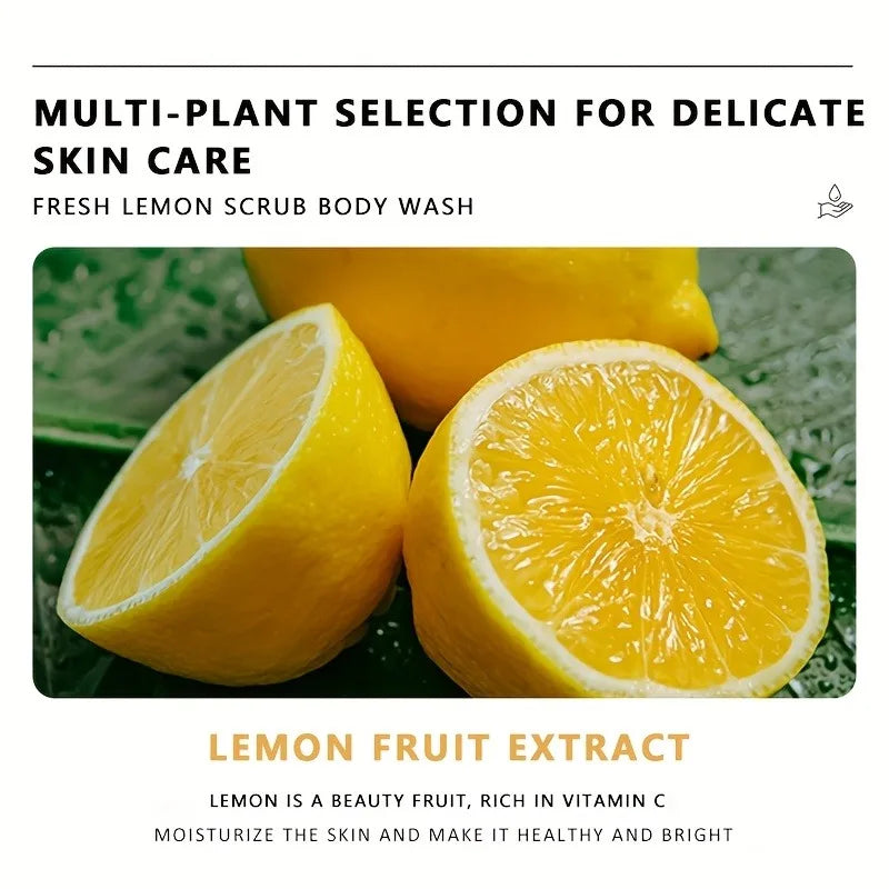 300ml Lemon Scrub Shower Gel, Alcohol-Free, Non-Greasy, Formaldehyde-Free, Rich in Citric Acid, Vitamin E, and Hyaluronic Acid, Suitable for All Light Beige Skin Tones, with a Refreshing Scent, Has Moisturizing, Nourishing, a