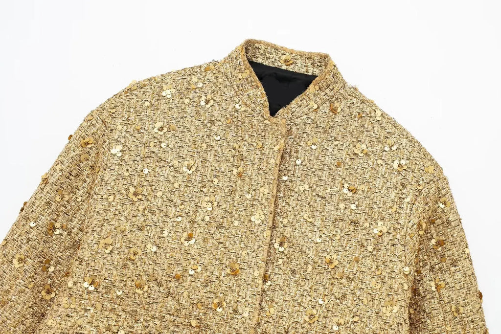 Women's Sequined Bomber Jacket Fall New Round Neck Long Sleeve Pocket Stretch Hem Sequins Jacket Coat Female Chic Outerwear