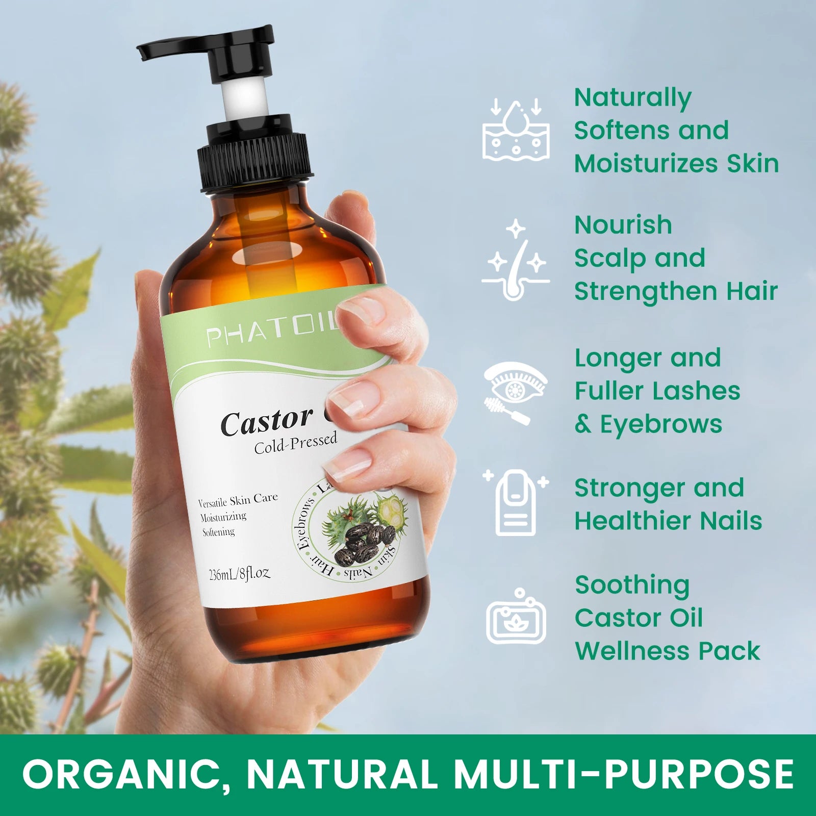 PHATOIL 1PCS 236ML/118ML Pure Castor Oils For Moisturize Skin,Hair Care,Body Massage USDA Cold-Pressed Essential Oil