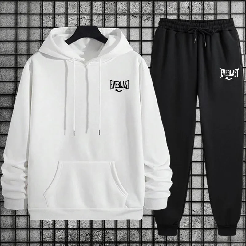 New Everlast Men's Sportswear Hooded Sweatshirt and Black Sweatpants Autumn/Winter Urban Leisure Fashion Warm Sports Set