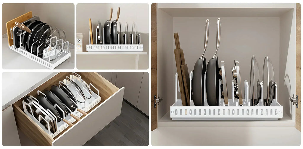 Kitchen Multifunctional Organizer - Pull-Out for Pots/Pans, Sliding Lid Holder, Spice Rack & Dish Drying Racks Drawer Organizer