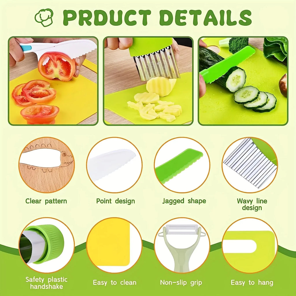 13 pieces Montessori Kitchen Tools Cooking Set - Real Toddler Safe Knives, Crinkle Cutter, Cutting Board - Safe for Real Cooking