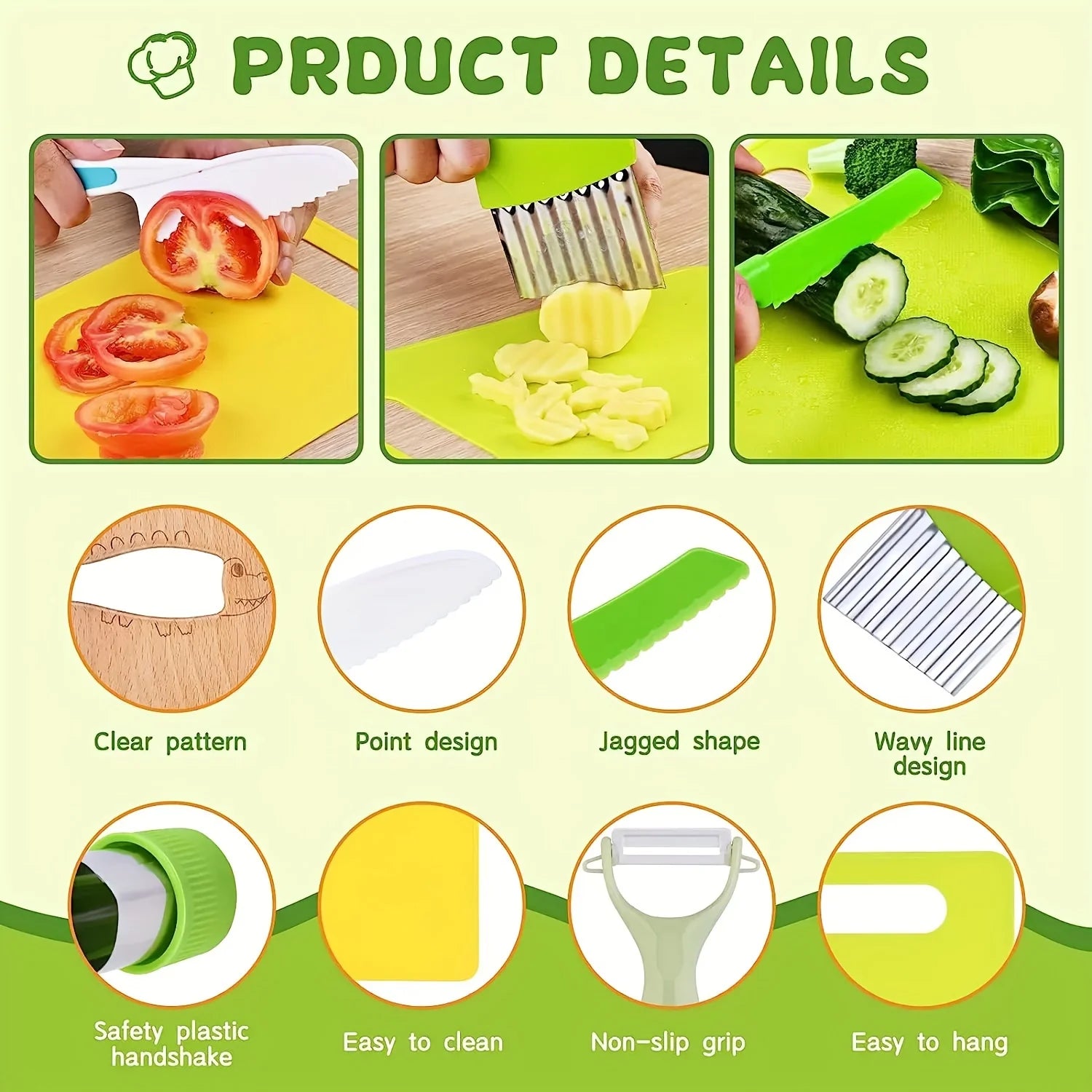 13 pieces Montessori Kitchen Tools Cooking Set - Real Toddler Safe Knives, Crinkle Cutter, Cutting Board - Safe for Real Cooking