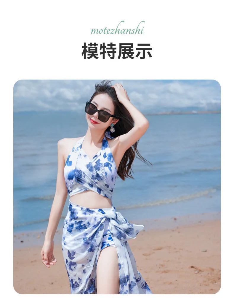 Bikini Sets Women Halter Floral Printed Three Pieces Split Swimsuit Korean Fashion Elegant Beach Style Slim Sexy Hot Girls Soft