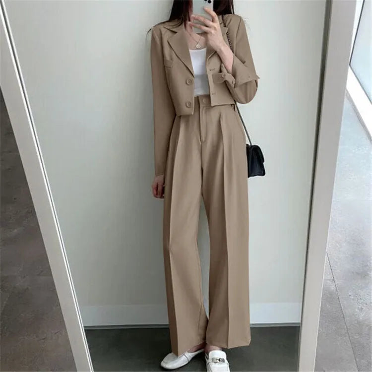 Suit Coat 2 Piece Set Women Blazer Jacket Straight Pants Ensemble Single Breasted Turn Down Collar Trousers Office Lady Outfits