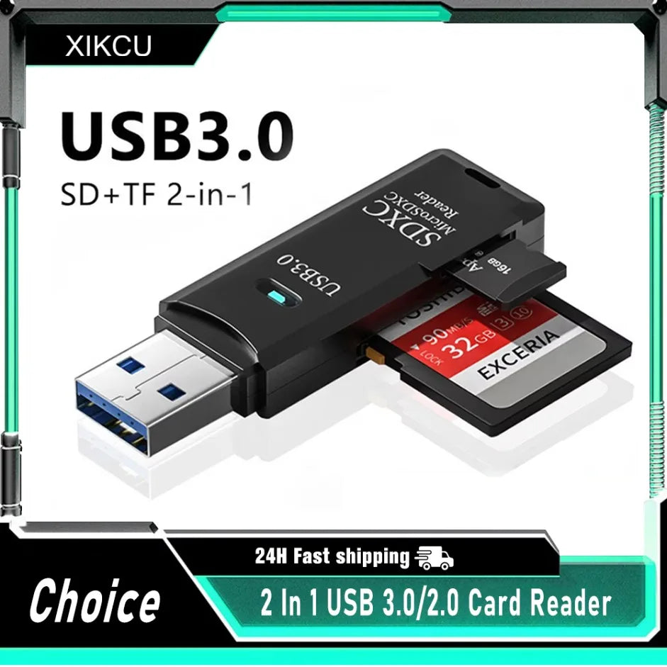 Multi Functional 2 In 1 High-speed USB 3.0/2.0 Card Reader Supports TF+SD Computer Tablet Camera Laptop Car Mounted