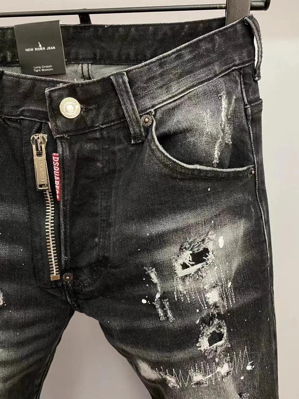 Light Luxury Washed Jeans Men's Trendy Brand Ruffian Handsome Black Ripped Patch Slim Fit Small Feet Casual Long Pants