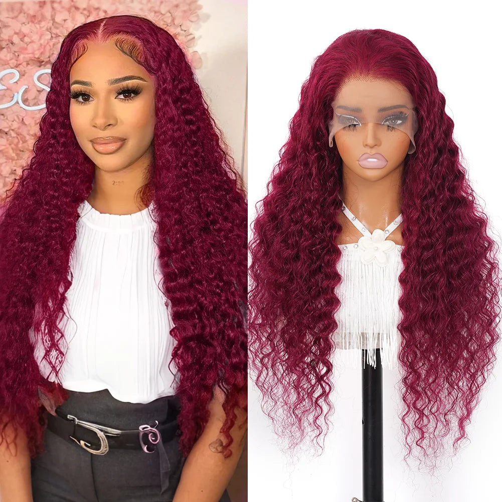 99j Burgundy 13x4 Hd Lace Frontal Human Hair Wig 30 Inch Red Colored Brazilian Deep Wave Wigs 13x4 Water Wave Curly Frontal Wig
