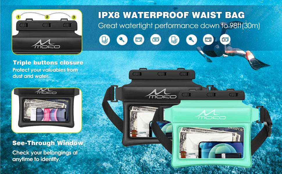 MoKo Waterproof Phone Pouch Fanny Pack Floating Dry Bag Swimming Waist Bag Underwater Ski Drift Diving for iPhone 13/13 Pro Max
