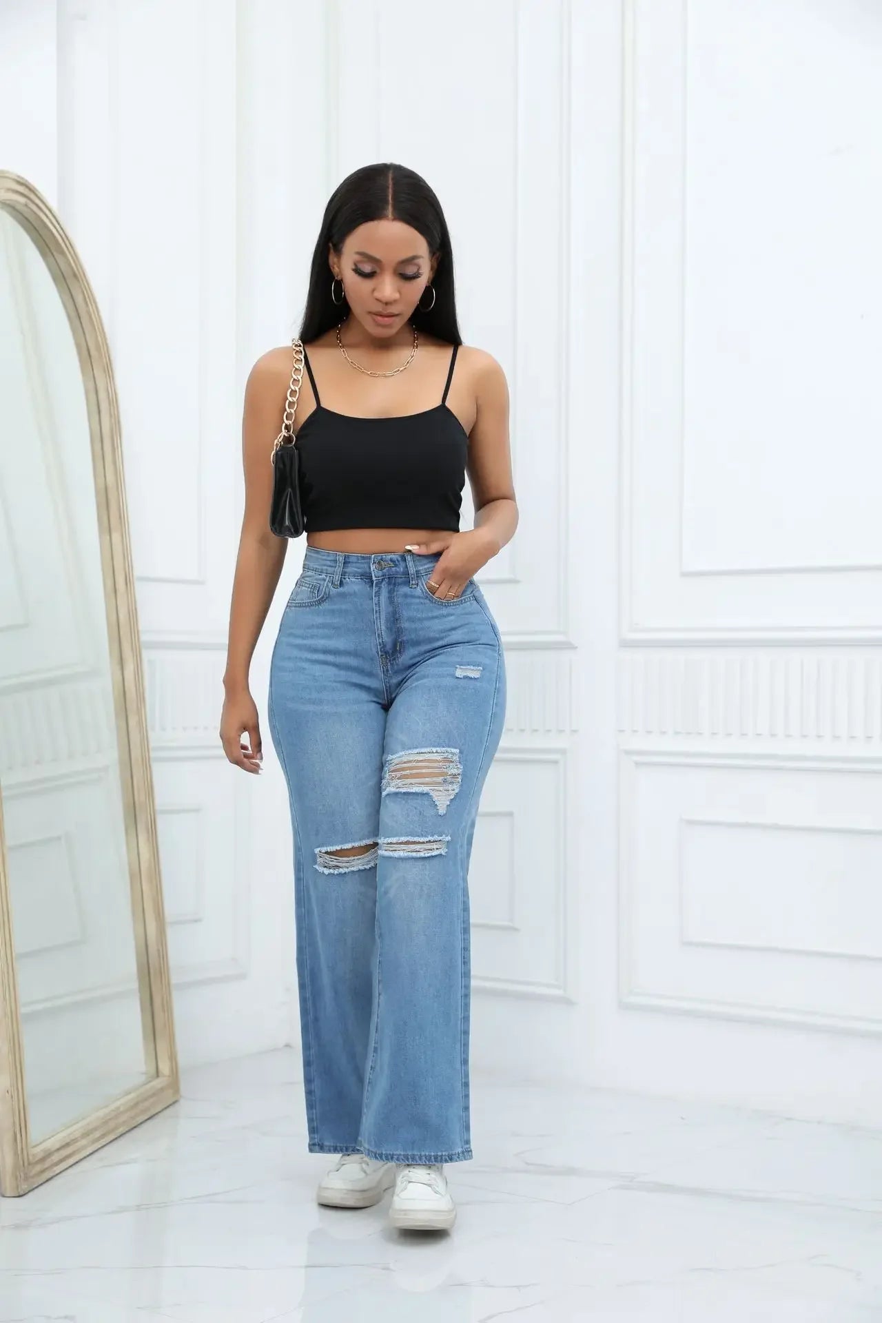 Women'S Ripped Boyfriend Jeans Draping Straight Leg Jeans Korea Ladies Stretch Hole Denim Trousers Button Pocket High Waist Pant