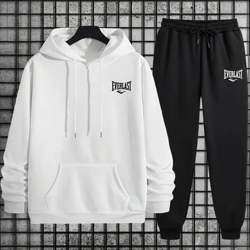 New Everlast Men's Sportswear Hooded Sweatshirt and Black Sweatpants Autumn/Winter Urban Leisure Fashion Warm Sports Set