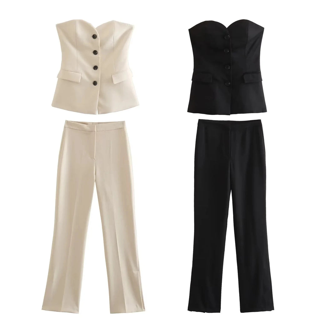HH Pant Sets For Women Fashion Beige Single Breasted Strapless Slim Tank Top Vest High Waist Straight Pants Office Lady Suit