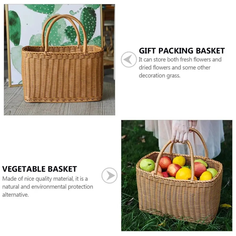 Home Storage Organizer Rattan Woven Basket With Handle Rectangular Picnic Basket Handwoven Portable Flower Basket Fruit