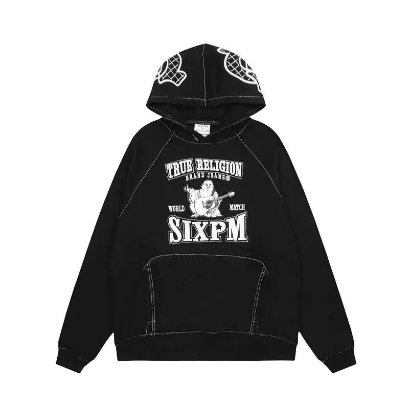 Embroidered Cotton Hoodie Men Vintage Hip Hop Streetwear Oversized Pullover Sweatshirt Women Unisex Casual Hooded Loose Black