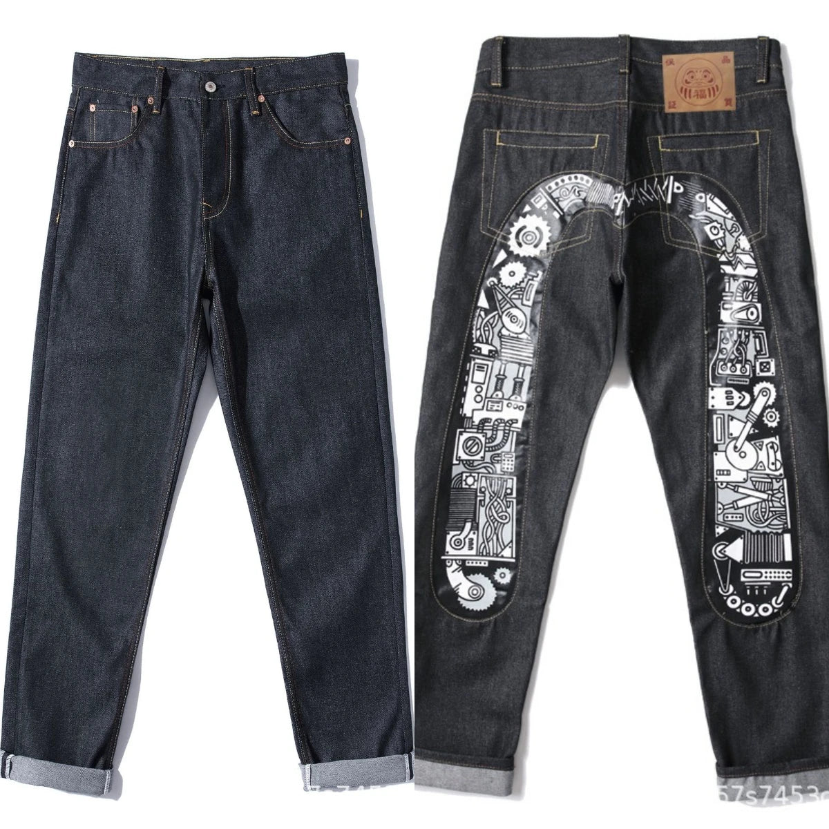 Men's Japanese Handmade Embroidered Jeans Pure Cotton Straight Tube Hip-Hop Popular Slim Red Ears Show Thin Trousers Devil Black