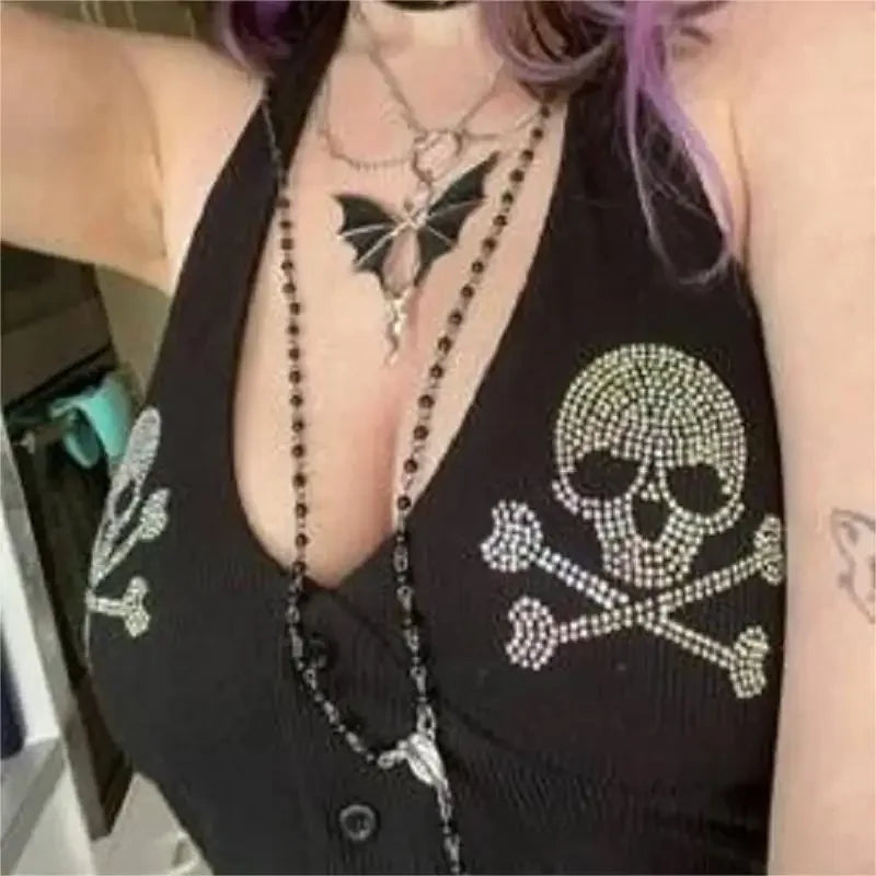 Women's Rhinestone Skull Pattern Sleeveless Halter Neck Crop Tops Y2k Summer Backless Tank Tops for Women