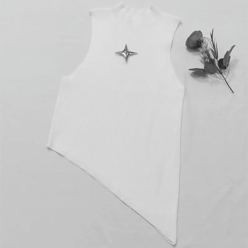 Y2K Crop Knit Top e-girl Women Sleeveless Asymmetrical Hem High Neck Stretchy Fitted Sweater Vest Summer 90s Outfit