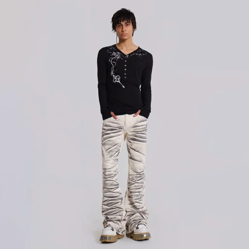 Y2K Arctic White Drift Flared Trumpet Jeans Retro Washed High Street Hip Hop Wide Leg Pants Gothic Slim Fit Unisex Trumpet Jeans