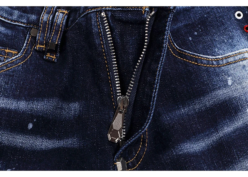 Designer Fashion Men Jeans High Quality Retro Blue Stretch Slim Fit Painted Ripped Jeans Men Brand Vintage Denim Pants Hombre