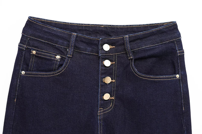 Women's Jeans Basic All-Match Slimming Denim Pants Fashion Metal Button High Waist Flared Pant High End Sense Casual Trousers