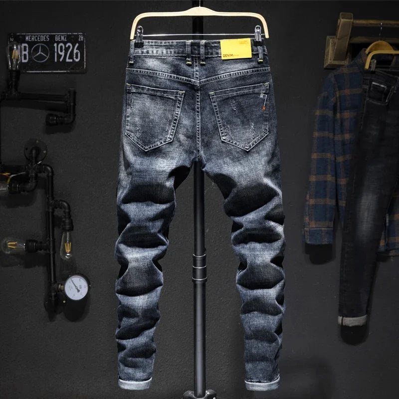 Men's Ripped Jeans Streetwear Personality Trendy Korean Fashion Slim Beggar Holes Denim Pants Stretch Casual Male Trousers