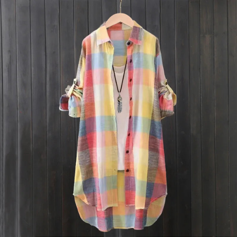 Women's Plaid Shirt Casual Blouses Woman Tops for Women Long Sleeve Long Sleeve Shirts Chic Blouse Check Linen Cotton Clothing