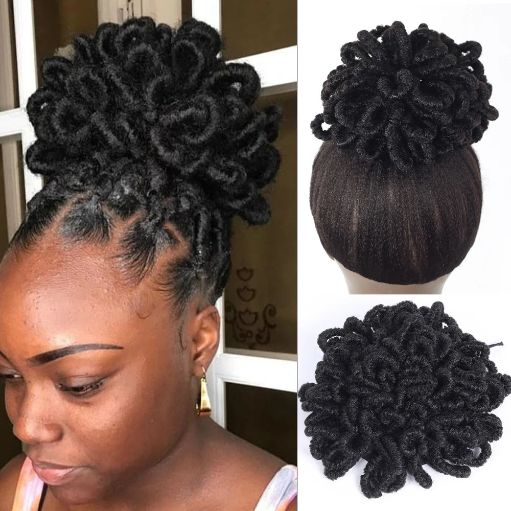 Women's Synthetic DreadLock Afro Puff Hair Bun Drawstring Ponytail Faux Locs Clip-In Chignon Hair Piece for Party