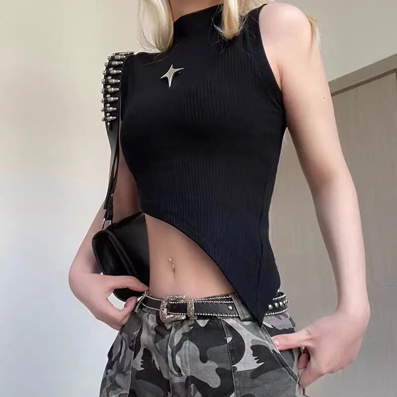 Y2K Crop Knit Top e-girl Women Sleeveless Asymmetrical Hem High Neck Stretchy Fitted Sweater Vest Summer 90s Outfit
