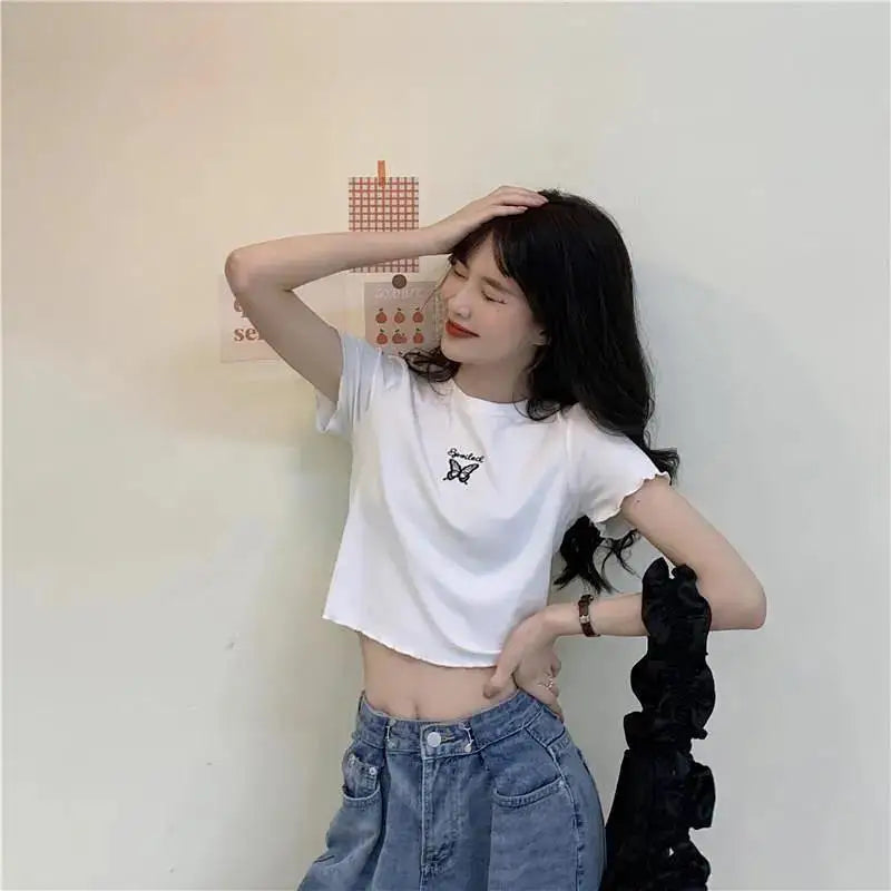 Y2K Crop Top T-shirt Women O-neck High Waist Slim Crop Top Butterfly Embroidered Short-Sleeved Tee Shirt T-shirts  Woman Clothes