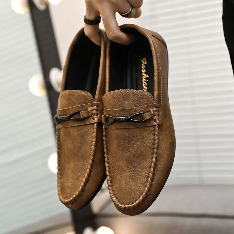 Men's Summer Hot Sale Of The Season Slip-On Loafers Casual Driving Shoes Soft Bottom Breathable Korean Style round Toe Leathe...