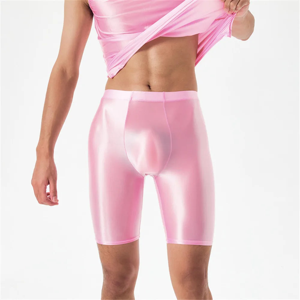 Men Oil Shiny Shorts gym Shapewear Ice Silk High Elastic Sexy Boxer Tight Shape U Pouch Sheath Man Shorts Smooth Candy Color