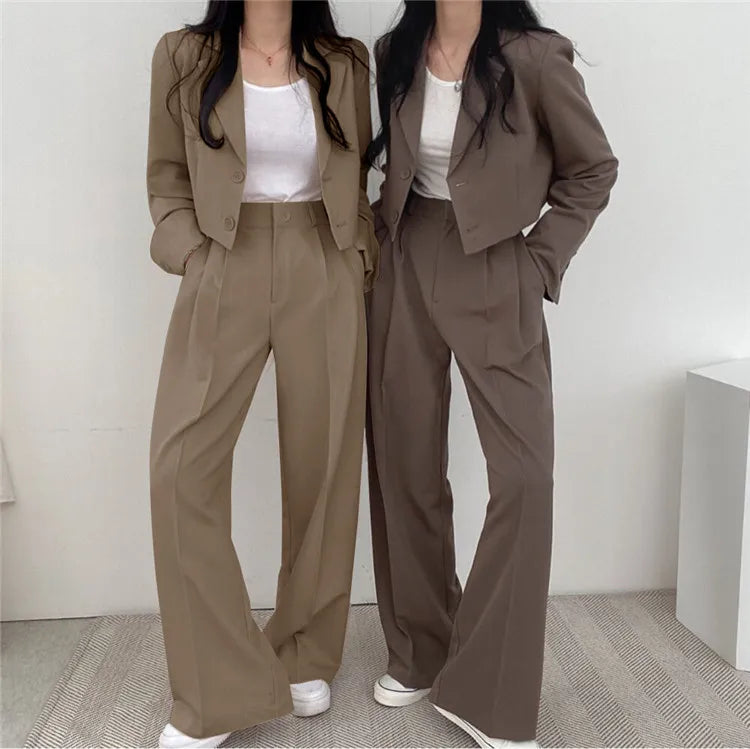 Suit Coat 2 Piece Set Women Blazer Jacket Straight Pants Ensemble Single Breasted Turn Down Collar Trousers Office Lady Outfits
