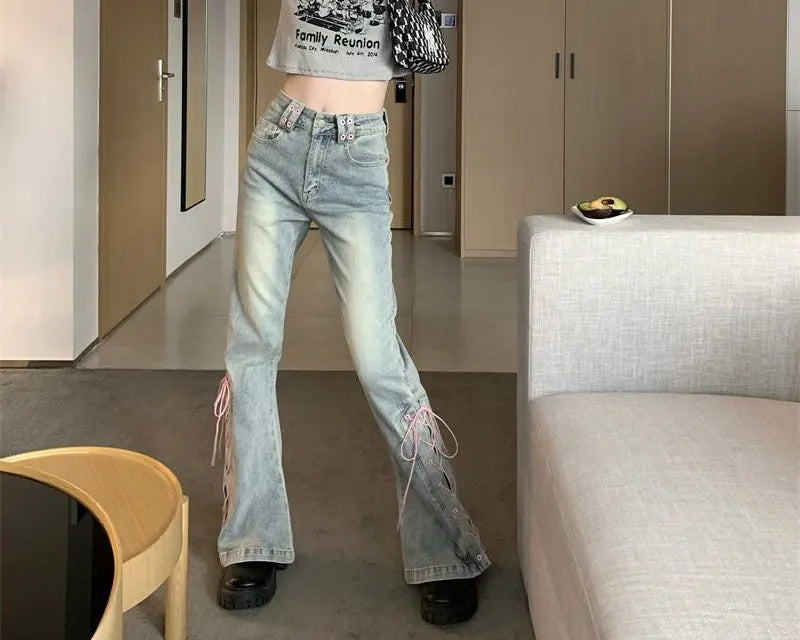 Y2k Pink Fashionable Lace-up Flared Jeans Autumn New High Waist Bootcut Denim Pants Female Clothing Korean Slim Vintage Trousers