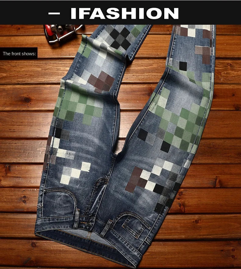 Trendy design mosaic printed jeans for men's fashionable summer thin casual and handsome elastic denim slim fit small leg pants