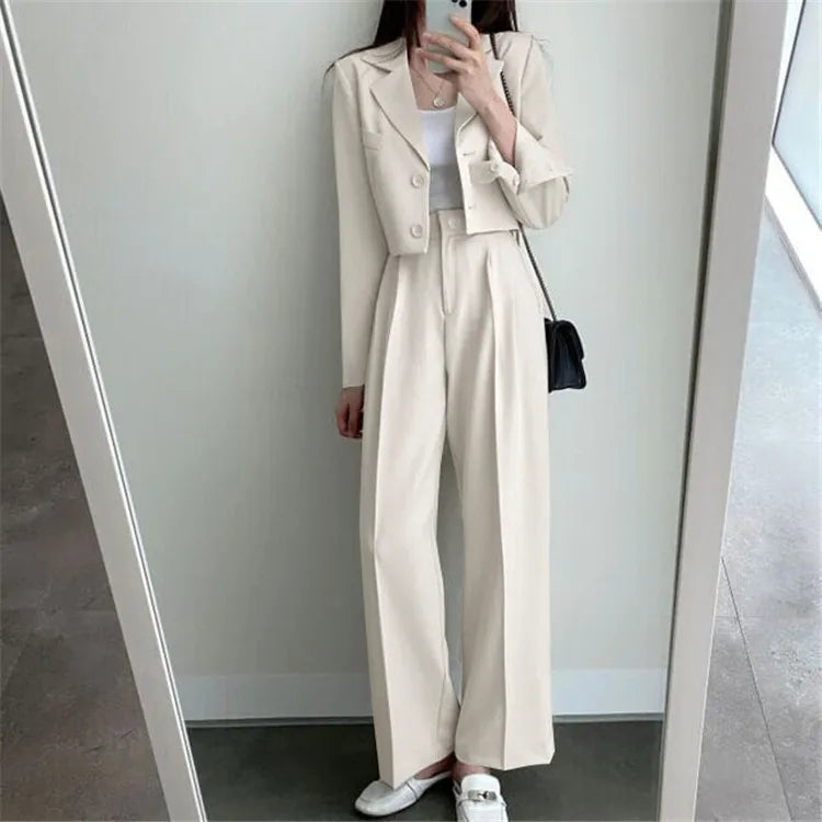 Suit Coat 2 Piece Set Women Blazer Jacket Straight Pants Ensemble Single Breasted Turn Down Collar Trousers Office Lady Outfits