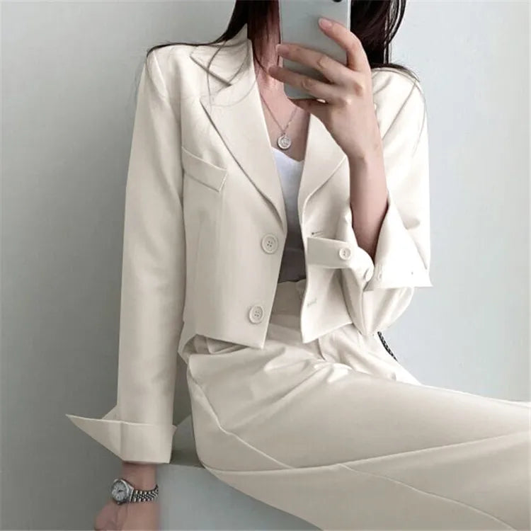 Suit Coat 2 Piece Set Women Blazer Jacket Straight Pants Ensemble Single Breasted Turn Down Collar Trousers Office Lady Outfits