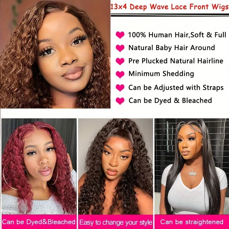 Kinky Curly Brown Deep Wave Short Bob Wig 13x4 Chocolate Bob Wig 16Inch  Brazilian HD Transparent Lace Human Hair Short Wig