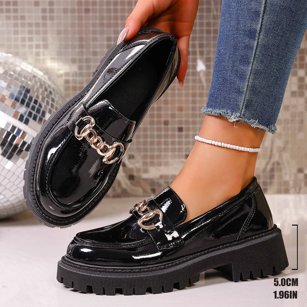 British Style Large Size Women's Shoes round Toe Thick Heel Slip-On Loafers Casual Comfortable Footwear for Daily Wear