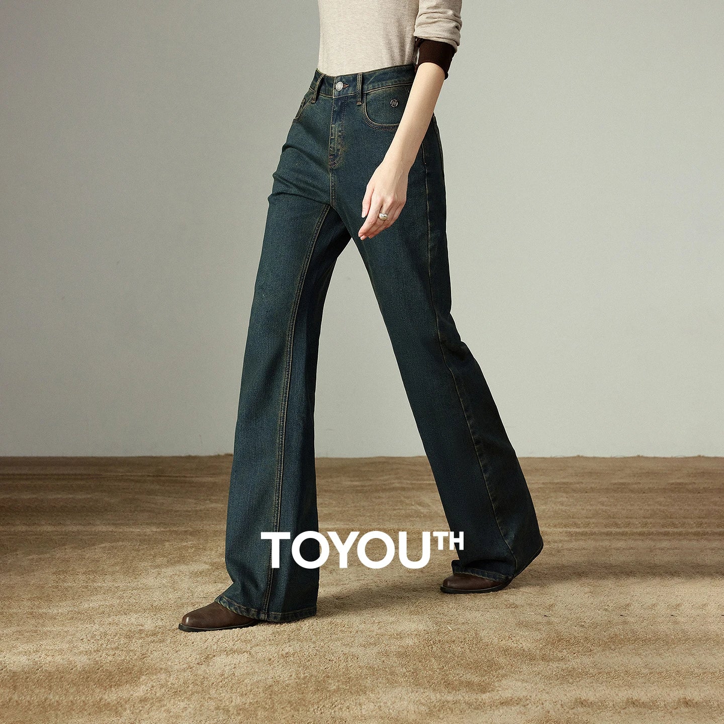 TOYOUTH Women Stretch Jeans 2025 Winter New Slightly Flared Mid-low Waist Slim Fitting Slimming Warm Fleece-lined Long Pants