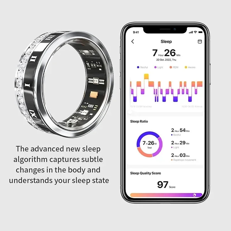 Diamond Smart Ring for Men Women Heart Rate Blood Oxygen Sleep monitoring IP68 Waterproof Sport Modes Ring For Android IOS