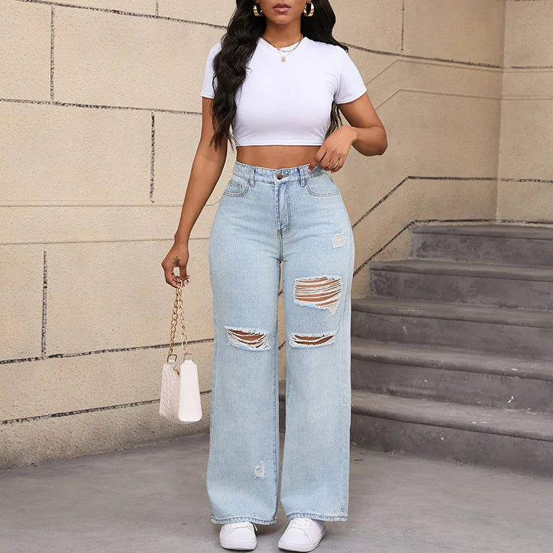 Women'S Ripped Boyfriend Jeans Draping Straight Leg Jeans Korea Ladies Stretch Hole Denim Trousers Button Pocket High Waist Pant