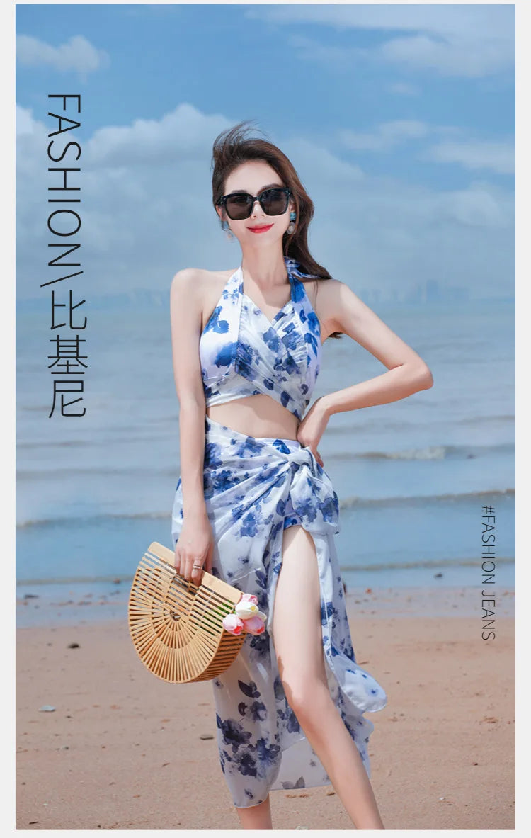 Bikini Sets Women Halter Floral Printed Three Pieces Split Swimsuit Korean Fashion Elegant Beach Style Slim Sexy Hot Girls Soft