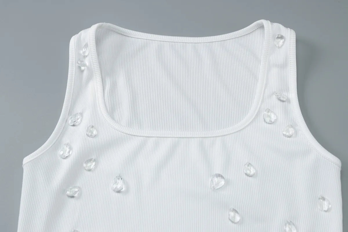 Summer Ribbed Sleeveless Water Droplets Diamond Decorated White Tank Women Sexy Bodycon Crop Tops Y2k Vintage Tops Streetwear