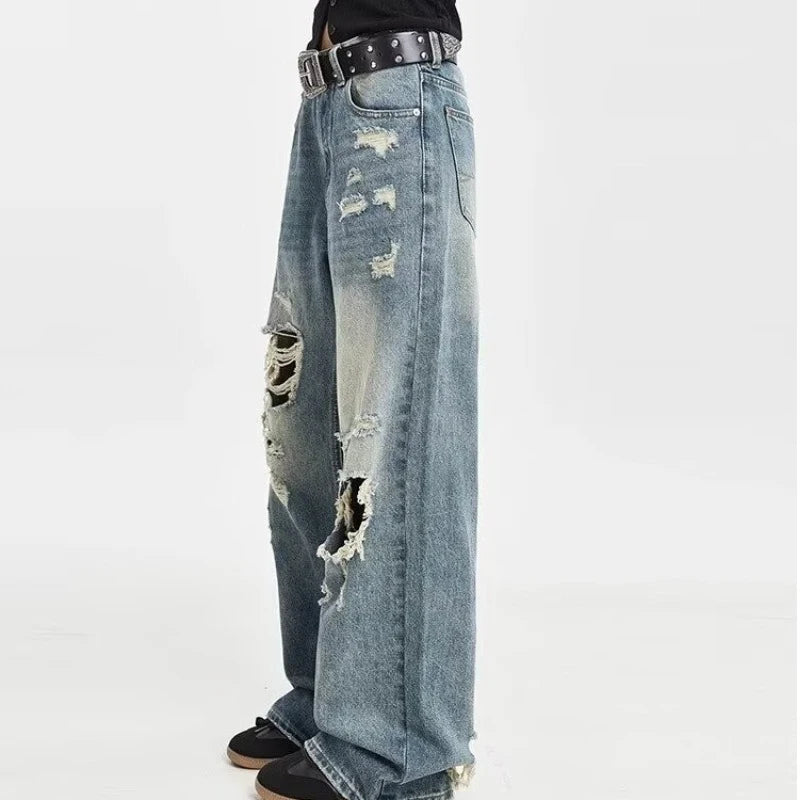 Men Ripped Straight Leg Jeans American Style Trend High Street Loose Bootcut Pants Fashion Male Simplicity Classic Blue Trousers