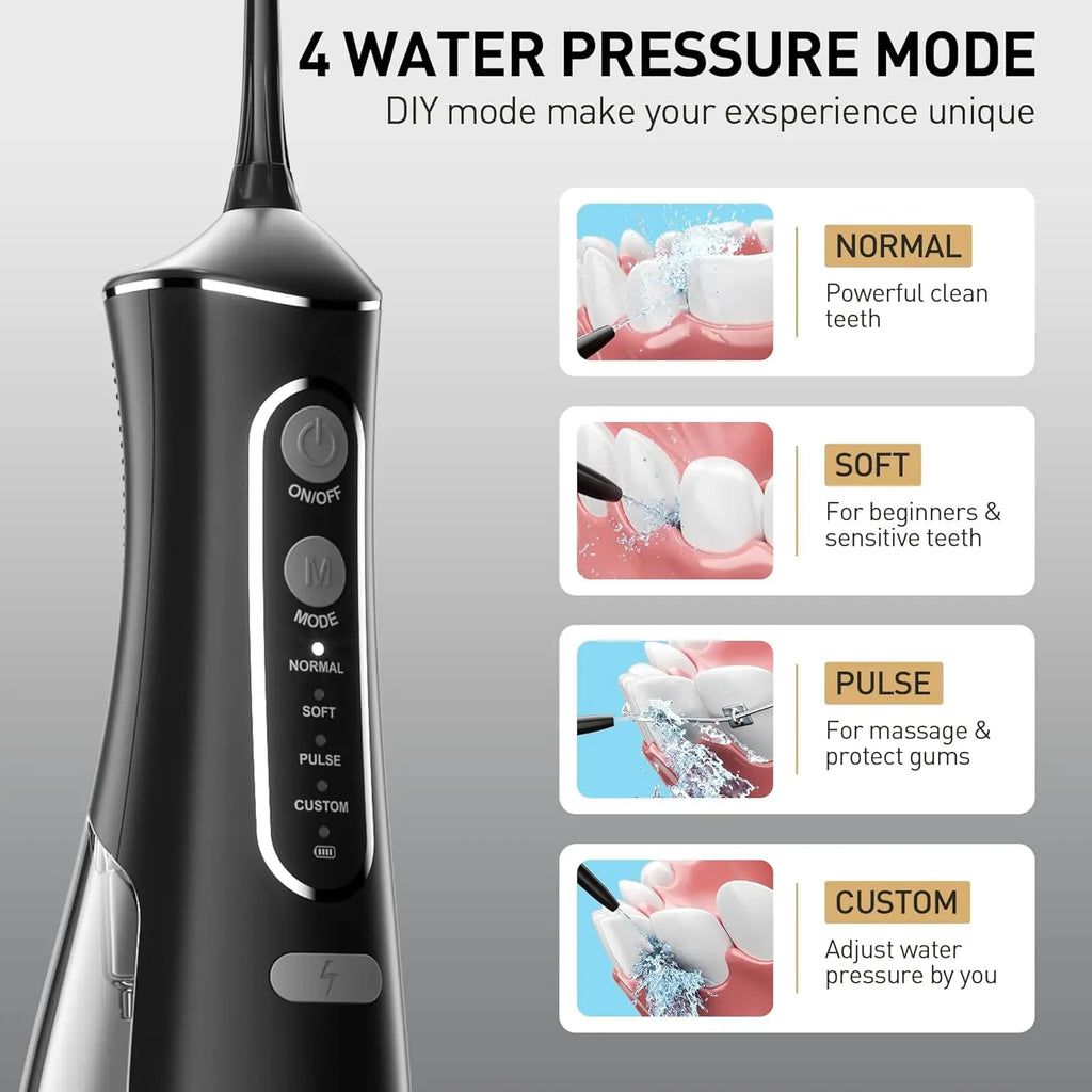 Oral irrigator, portable dental water flosser, USB rechargeable water jet flosser, toothpick with 4 modes and 5 nozzles